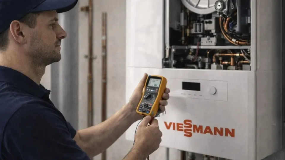 Viessmann kombinin değerlerini ölçü aletiyle kontrol eden teknisyen